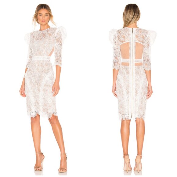 Bronx and Banco Madeleine Dress White Lace Puff Sleeve Wedding Bridal Midi Large - Picture 1 of 13